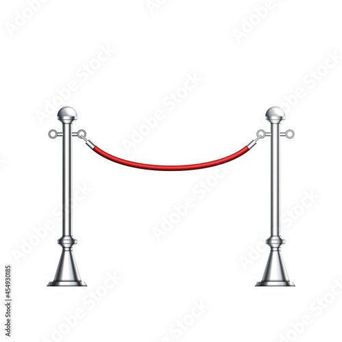 Barrier Chrome Column With Red Elegant Rope Vector. Luxury Stylish Barrier, Club Entrance Or Corridor Silver Steel Fence With Cord. Metallic Stanchions Template Realistic 3d Illustration
