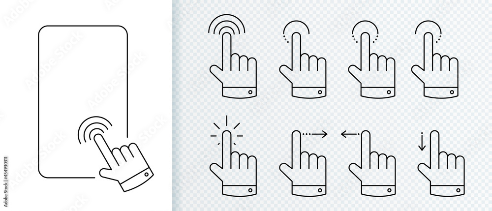 Click cursor button icon, sign, symbol set isolated on transparent and white background. Hand pointer clicking mobile screen. Vector illustration