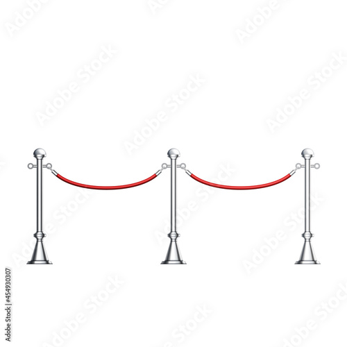 Barriers Chrome Column With Red Velvet Rope Vector. Theater, Exhibition Pavilion And Auto Show Luxury Stylish Barriers, Silver Stainless Fence With Cord. Mockup Realistic 3d Illustration