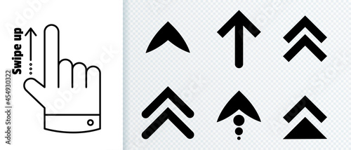Scroll or swipe up set buttons for social media isolated on transparent background. Black arrows and hand. Web icon, symbol for advertising, marketing in social media application. Vector illustration