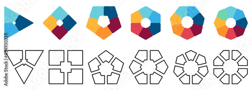 Polygons divided into equal parts, empty space in middle. Version with three to eight segments, black white and colour, simple infographics element