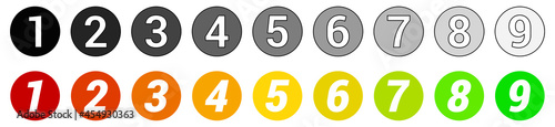 Numbers in small circles with color or gray gradient. Can be used as scale rating icons