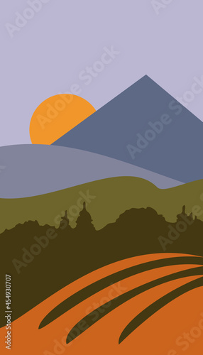 Nature landscape with field  forest  hills  mountain and sun at sunset or sunrise  Vertical background made of abstract shapes of different colors  Vector illustration