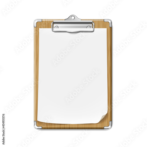 Clip Board With Blank Paper Sheet Attached Vector. Wooden Clip Board With List, Doctor Stationery Accessory Writing Diagnosis And Prescription. Notepad Template Realistic 3d Illustration