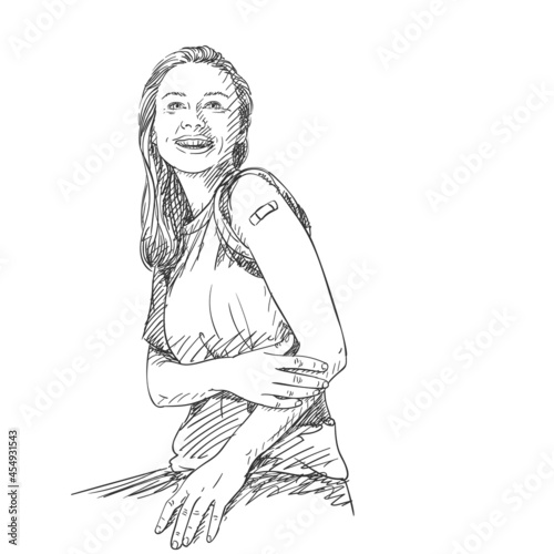 Vaccinated people illustration, Happy woman showing her arm after receiving vaccine shot, Vector sketch, Caucasian female with patch on her arm smiling, Hand drawn black and white graphics