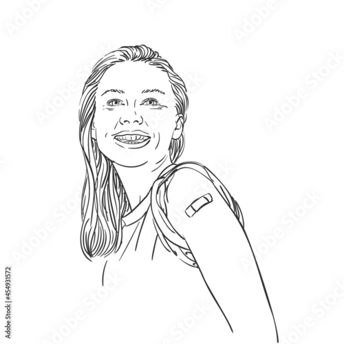 Portrait of young female smiling after getting vaccine shot, Vector art sketch, Caucasian woman with patch on arm looking happy after receiving vaccination, Hand drawn vaccinated people illustration