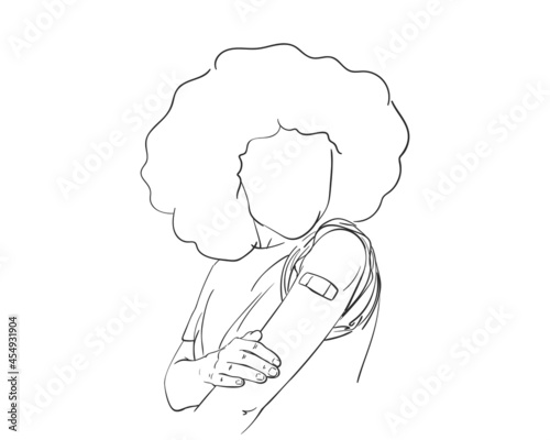 Woman with arm after receiving vaccine during covid-19 immunization program, Vector sketch, Line art drawing of female no face with plaster on shoulder, Vaccinated people hand drawn illustration