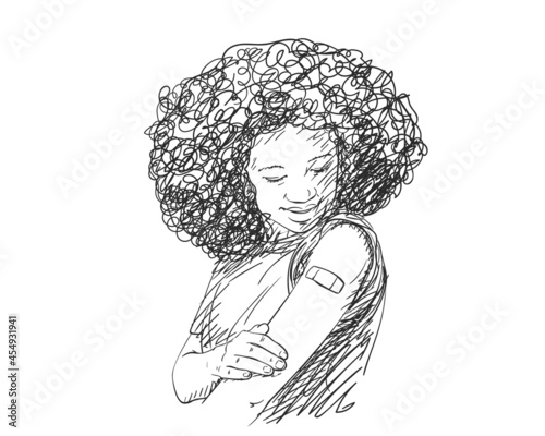 Young black woman looking her arm after receiving vaccine shot, Vector sketch, Afro female with bandage on her arm, Hand drawn black and white graphics, Vaccinated people illustration