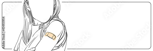 Vaccinated people long web banner with copy space for text, Anonymous woman showing shoulder with bandage after receiving vaccine during covid-19 immunization program, Vector sketch, Hand drawn