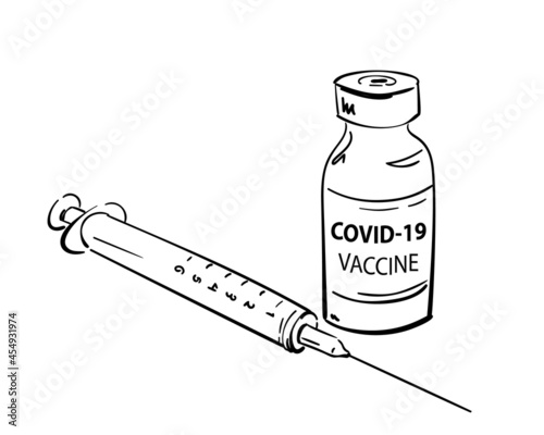 COVID-19 Vaccine bottle and syringe vector drawing. Closeup hand drawn Coronavirus Vaccine and syringe injection white background. Drug ampoule, Vaccination concept