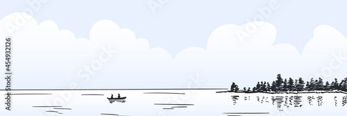 Lonely boat with two person on calm lake water surface foggy morning island on horizon, Vector sketch, Hand drawn illustration long web banner