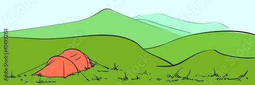 Red tent in green mountain landscape Vector illustration, Outdoor camping long web banner background