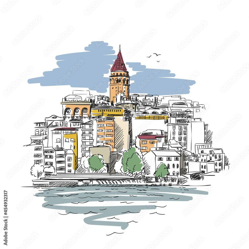 Sketch of Galata tower in Istanbul and seagulls flying in sky, Famous turkish landmark, Vector hand drawn illustration