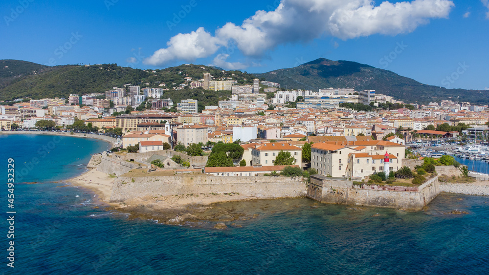 Aerial view of the Citadel of Ajaccio in Corsica - French maritime stronghold in the Mediterranean Sea with defensive walls on the beach