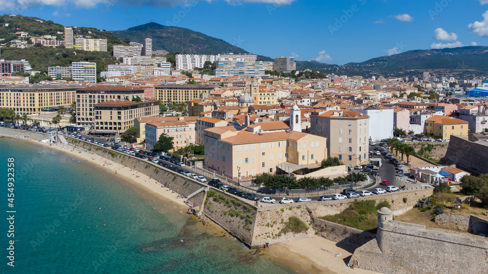 Aerial view of the old city center of Ajaccio in Corsica - St. Francis beach near the birth house of Napoleon Bonaparte in France