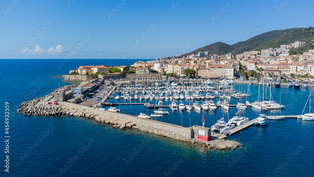 Aerial view of the port of Ajaccio in Corsica - Yachts moored in the center of the capital city of this French island in the Mediterranean Sea