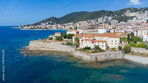 Fototapeta Naklejka Na Ścianę i Meble -  Aerial view of the Citadel of Ajaccio in Corsica - French maritime stronghold in the Mediterranean Sea with defensive walls on the beach