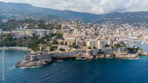 Aerial view of the Citadel of Bastia in the north of Corsica island - Genoese city overlooking the Mediterranean Sea