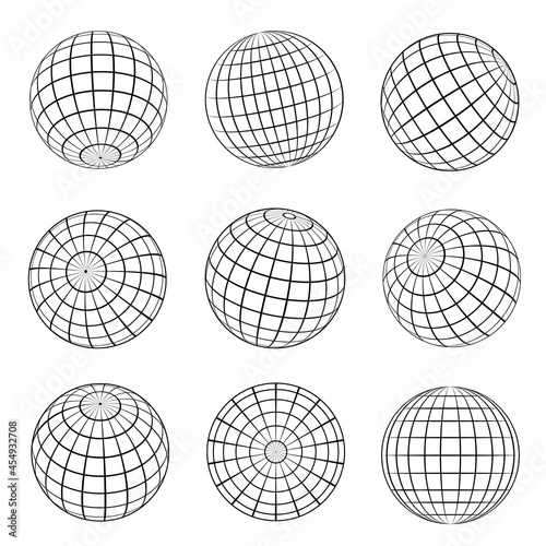 Collection of globe grid vector illustration striped 3d spheres earth latitude and longitude line