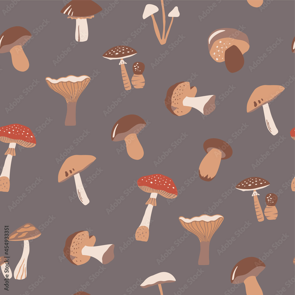 Seamless repeated surface vector pattern design with mushrooms on a gray background. Forest background. For scrapbooking, fabric, wrapping paper, notebook covers. Seamless repeated surface vector pattern design with mushrooms on a gray background. Forest background. For scrapbooking, fabric, wrapping paper, notebook covers.