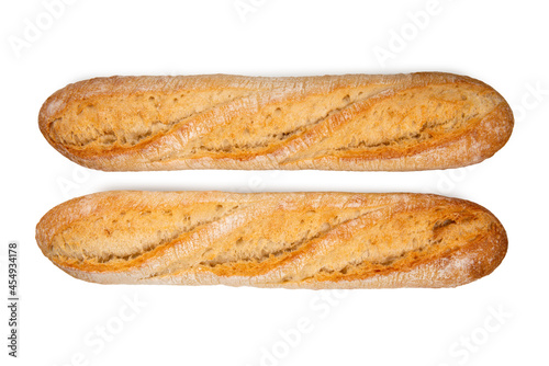 two fresh crunchy french baguette breads isolated on white, top view