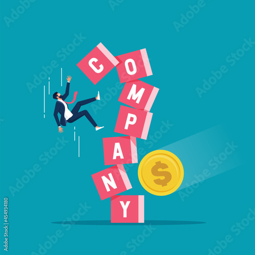 Businessman investor falling from stack block with word COMPANY impact by money coin, stability and uncertainty concept