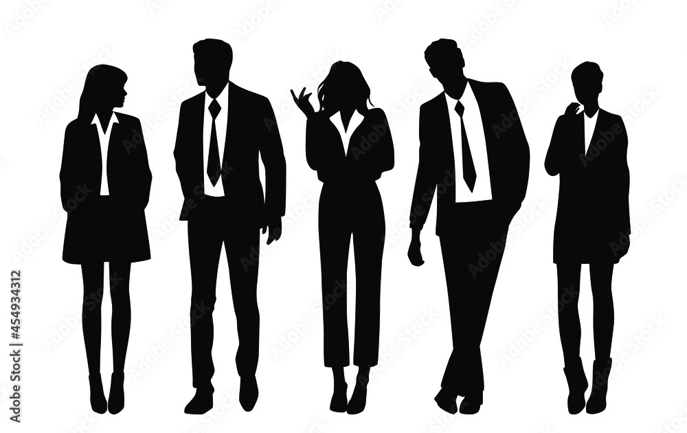 Vector silhouettes of  men and a women, a group of standing  business people, profile, black  color isolated on white background