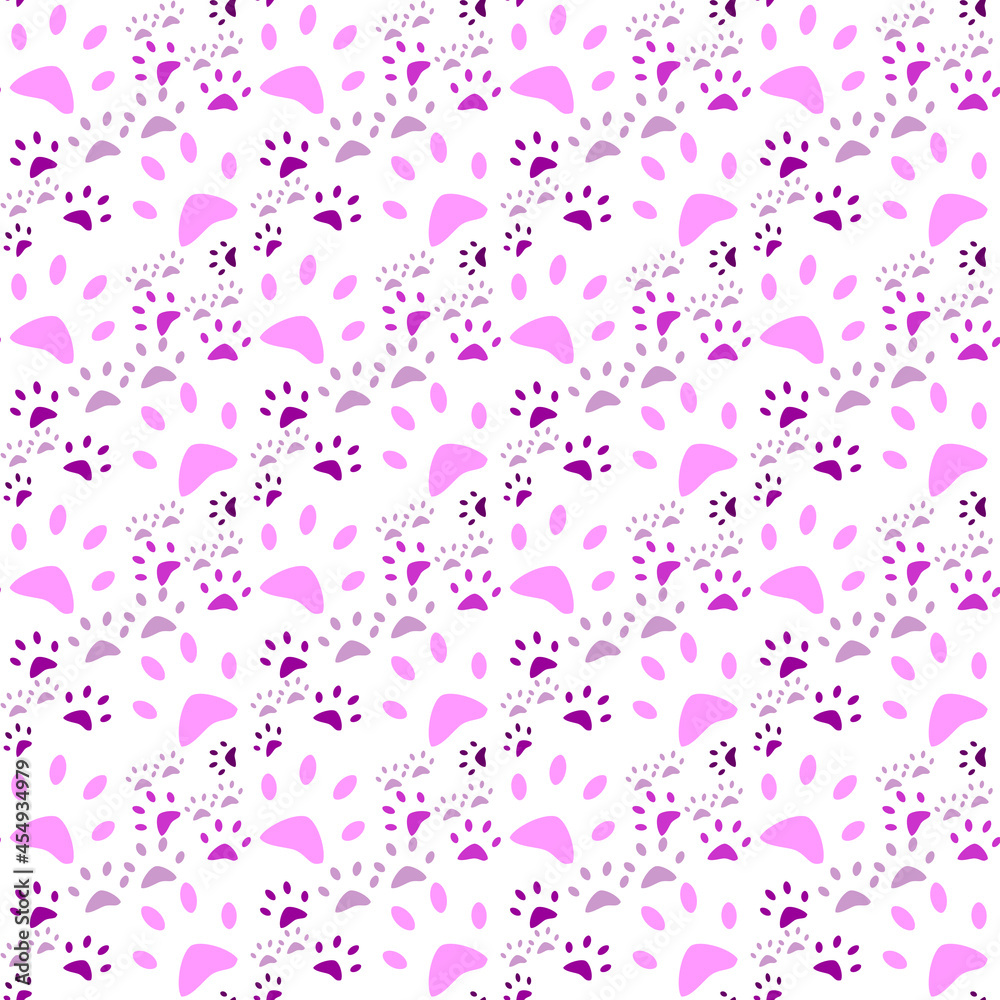 Seamless pastel color cute dog footprints on white background.