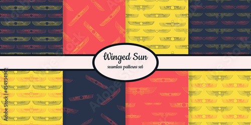 Collection of seamless patterns with ancient egyptian symbol Winged sun designed for web, fabric, paper and all prints 