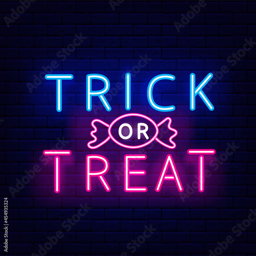 Trick or Treat neon inscroption. Happy Halloween banner. Night bright signboard. Isolated vector stock illustration