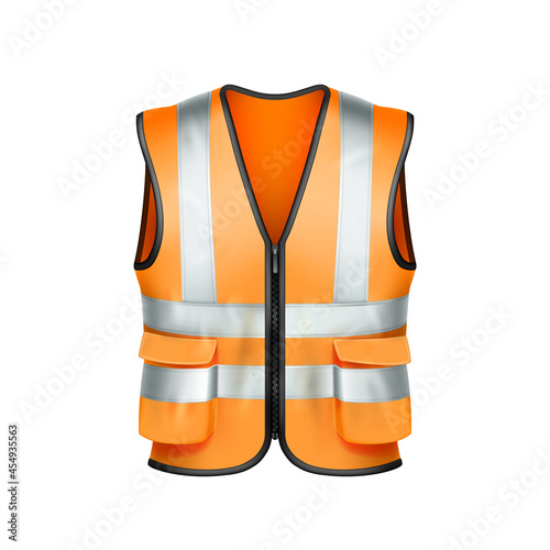 Safety Vest Builder Protection Clothes Vector. Orange Safety Vest With Fluorescent Stripe For Industrial Building Worker. Engineer Protective Jacket Template Realistic 3d Illustration