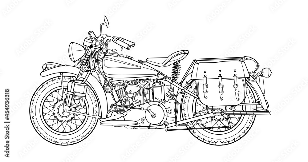 Classic retro motorcycle vector illustration coloring page for adults for drawing books. Line art picture. High speed vehicle. Graphic element. Black contour sketch Isolated on white background