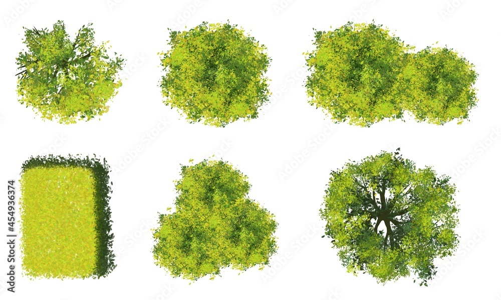 Collection of abstract watercolor tree top view isolated on white ...