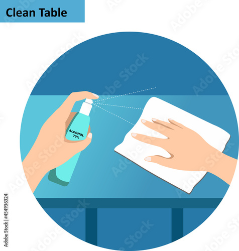 Table Surface cleaning Clean with spray detergent. Spraying antibacterial sanitizing spray. Prevention coronavirus COVID-19. Napkin in the hands. Protective rubber gloves. Hygiene home vector