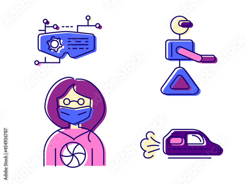 Cyberpunk flat icons set. Futuristic wear. Virtual reality glasses, flying car. Future with robot technology