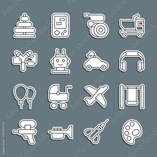 Set line Palette, Swing, Headphones, Yoyo toy, Robot, Slingshot, Pyramid and Radio controlled car icon. Vector