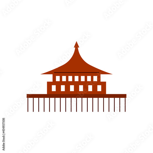 Water building on stilts flat icon. Maldives attraction. Exotic restaurant. Isolated vector stock illustration