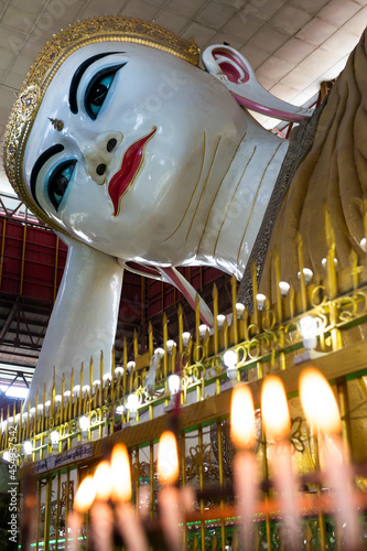 Myanmar. Yangon. The large reclining buddha of Kyaukhtatgyi Pagoda