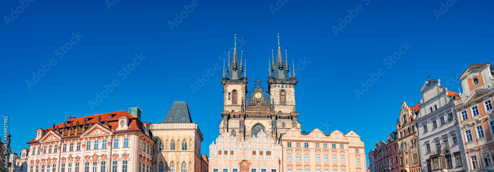 Panoramic view over Church of Our Lady before Tyn at old town square in Prague, Czech Republic, at blue sky and sunny day.