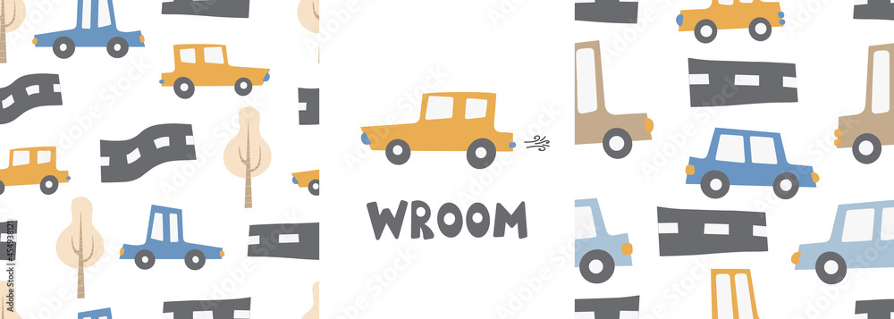 Children's patterns set with cars. Cars. Transport. Road. Vector hand-drawn color seamless repeating children simple pattern with cars and lettering, in Scandinavian style road on a white background.