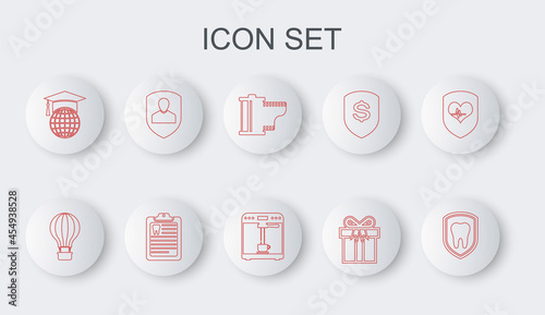 Set line Dental protection, Hot air balloon, Camera film roll cartridge, Gift box, Graduation cap globe, User, Clipboard with dental card and Coffee machine and cup icon. Vector