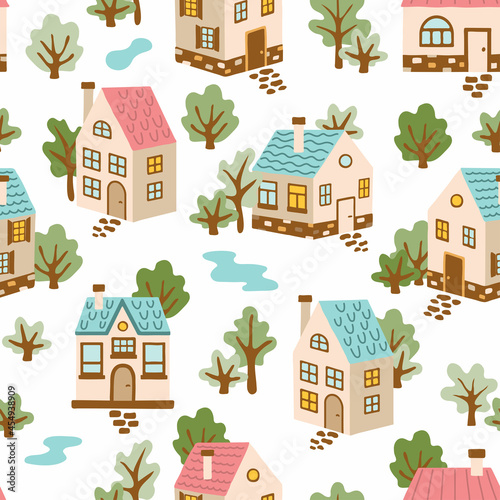 Seamless pattern with handdrawn houses and trees. Vector illustration.