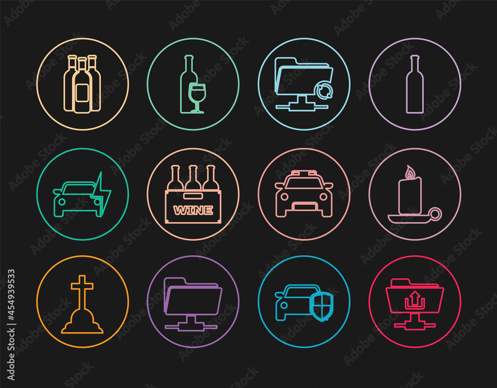 Set line FTP folder upload, Burning candle in candlestick, sync refresh, Bottles of wine box, Electric car, Police flasher and Wine bottle with glass icon. Vector Set line FTP folder upload, Burning candle in candlestick, sync refresh, Bottles of wine box, Electric car, Police flasher and Wine bottle with glass icon. Vector