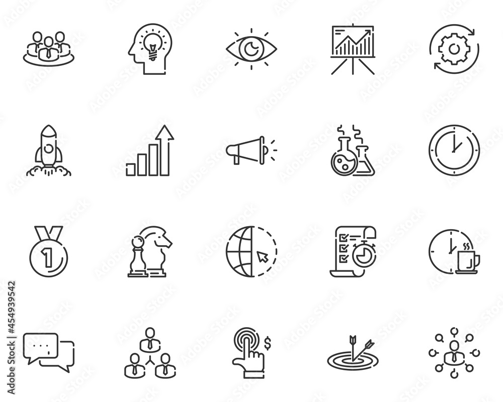 set of business thin line icons, startup, team, organization, management