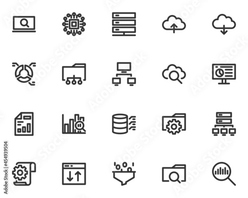 set of data analysis line icons, database, cloud server