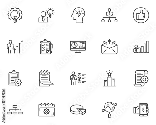 set of business thin line icons, startup, team, organization, management
