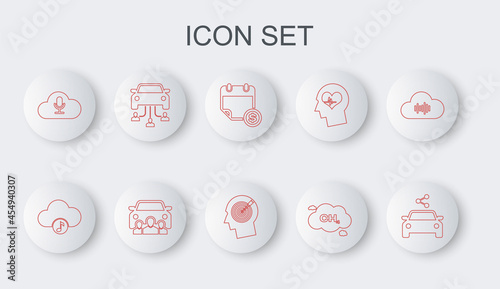 Set line Car sharing, Music streaming service, Financial calendar, Methane emissions reduction, and Head hunting concept icon. Vector