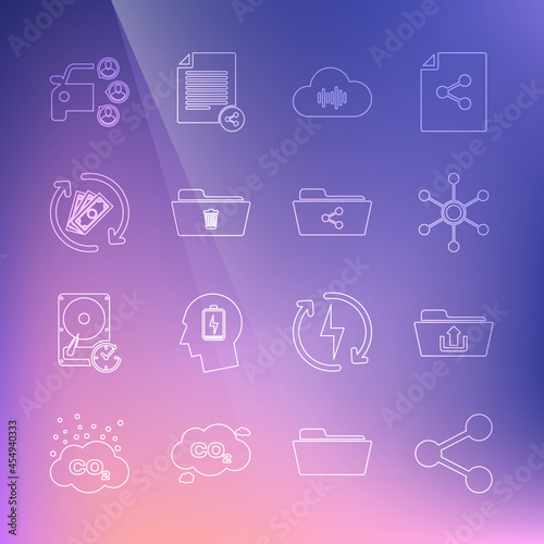 Set line Share, Folder upload, Network, Music streaming service, Delete folder, Refund money, Car sharing and icon. Vector