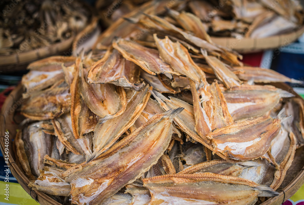 Dried sea fish are sold at a seafood market at Laem Chabang Fishing Village, Thailand.