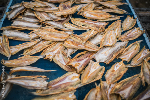 Dried sea fish are sold at a seafood market at Laem Chabang Fishing Village, Thailand.